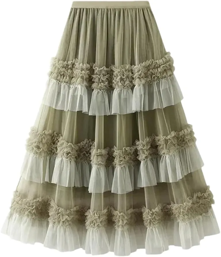 Women's Mesh Skirt Lace Pleated Cake Skirt Elastic High Waist A-Line Solid Color Midi Skirts