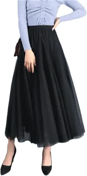 Women's Mesh Tulle Skirt Elastic High Waist A-Line Solid Color Pleated Casual Midi Skirts