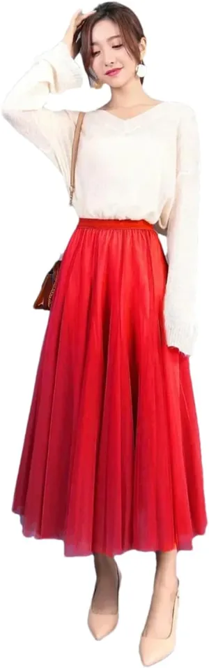Women's Mesh Tulle Skirt Elastic High Waist A-Line Solid Color Pleated Casual Midi Skirts