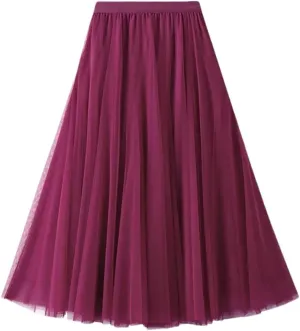 Women's Mesh Tulle Skirt Elastic High Waist A-Line Solid Color Pleated Casual Midi Skirts