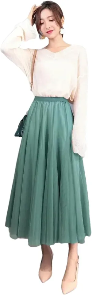 Women's Mesh Tulle Skirt Elastic High Waist A-Line Solid Color Pleated Casual Midi Skirts