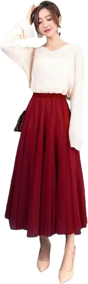 Women's Mesh Tulle Skirt Elastic High Waist A-Line Solid Color Pleated Casual Midi Skirts