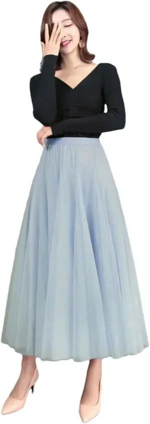 Women's Mesh Tulle Skirt Elastic High Waist A-Line Solid Color Pleated Casual Midi Skirts