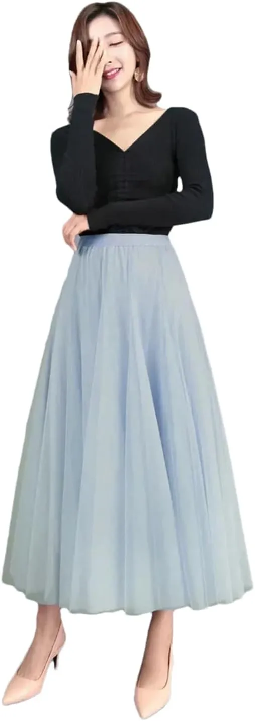 Women's Mesh Tulle Skirt Elastic High Waist A-Line Solid Color Pleated Casual Midi Skirts