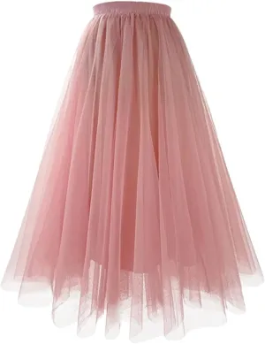 Women's Mesh Tulle Skirt Pleated A-Line Multi-Layer Solid Color Casual Prom Midi Skirts