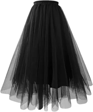 Women's Mesh Tulle Skirt Pleated A-Line Multi-Layer Solid Color Casual Prom Midi Skirts