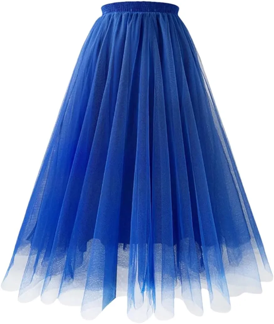 Women's Mesh Tulle Skirt Pleated A-Line Multi-Layer Solid Color Casual Prom Midi Skirts