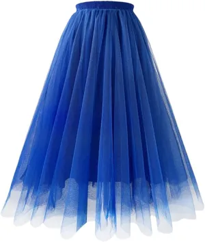 Women's Mesh Tulle Skirt Pleated A-Line Multi-Layer Solid Color Casual Prom Midi Skirts