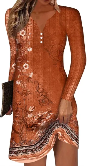 Women's Mini Dress Casual 2024 Vintage Floral Print V-Neck Button Down Dress Long Sleeve Flowy Fall Short Tunic Dress