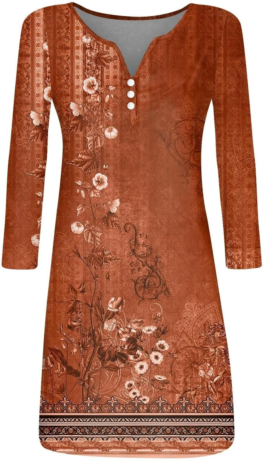 Women's Mini Dress Casual 2024 Vintage Floral Print V-Neck Button Down Dress Long Sleeve Flowy Fall Short Tunic Dress
