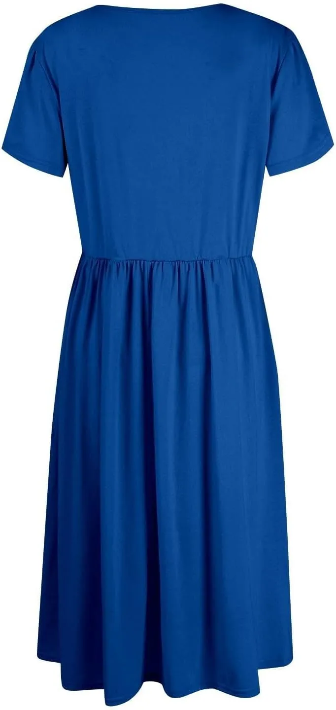 Womens Mini Dress Crewneck Short Sleeve T-Shirt Dresses Summer Casual Tunic Pleated Aline Swing Dress with Pockets