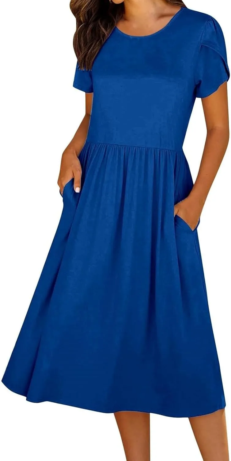 Womens Mini Dress Crewneck Short Sleeve T-Shirt Dresses Summer Casual Tunic Pleated Aline Swing Dress with Pockets
