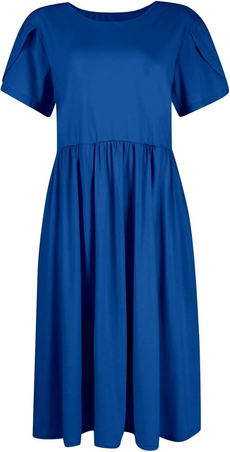 Womens Mini Dress Crewneck Short Sleeve T-Shirt Dresses Summer Casual Tunic Pleated Aline Swing Dress with Pockets