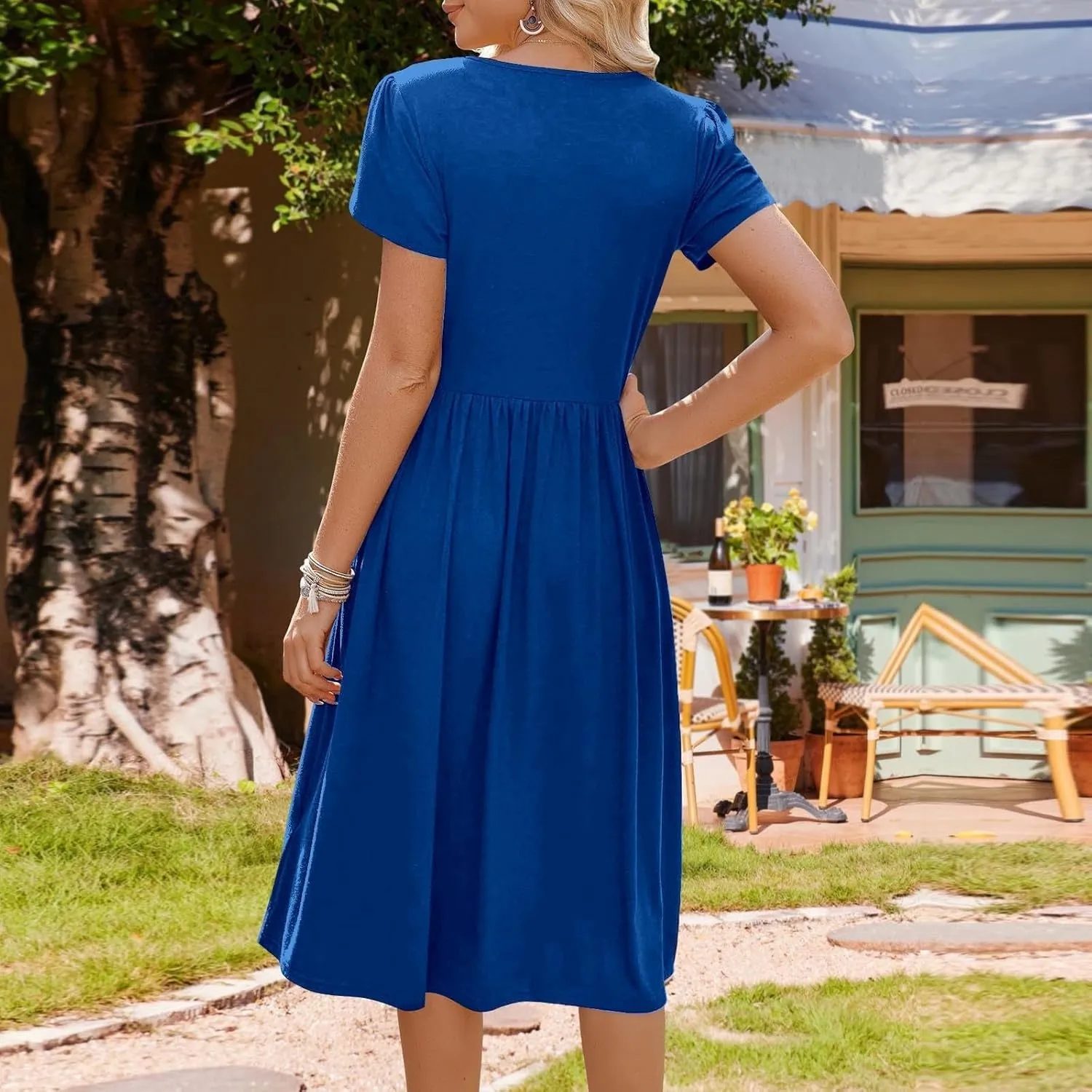 Womens Mini Dress Crewneck Short Sleeve T-Shirt Dresses Summer Casual Tunic Pleated Aline Swing Dress with Pockets