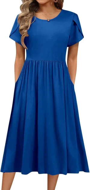 Womens Mini Dress Crewneck Short Sleeve T-Shirt Dresses Summer Casual Tunic Pleated Aline Swing Dress with Pockets