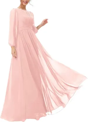 Women's Mother of The Bride Dresses 2025 Round Neck Long Sleeves Chiffon Wedding Guest Dress Pleated Long Evening Gowns