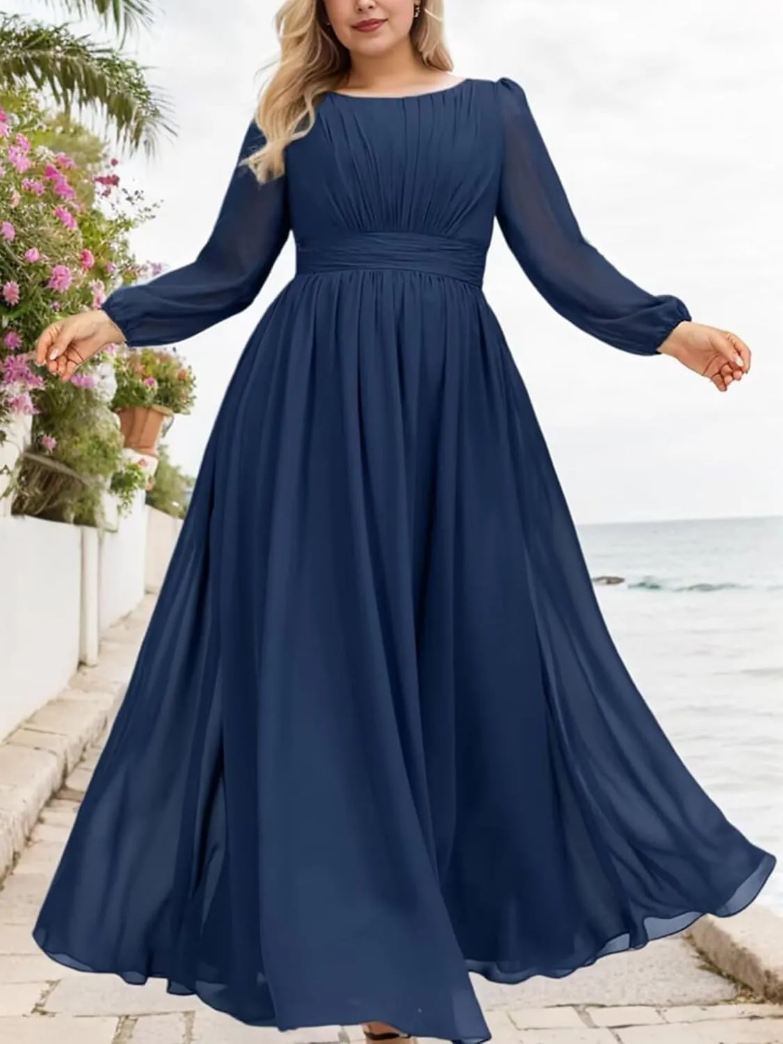 Women's Mother of The Bride Dresses 2025 Round Neck Long Sleeves Chiffon Wedding Guest Dress Pleated Long Evening Gowns
