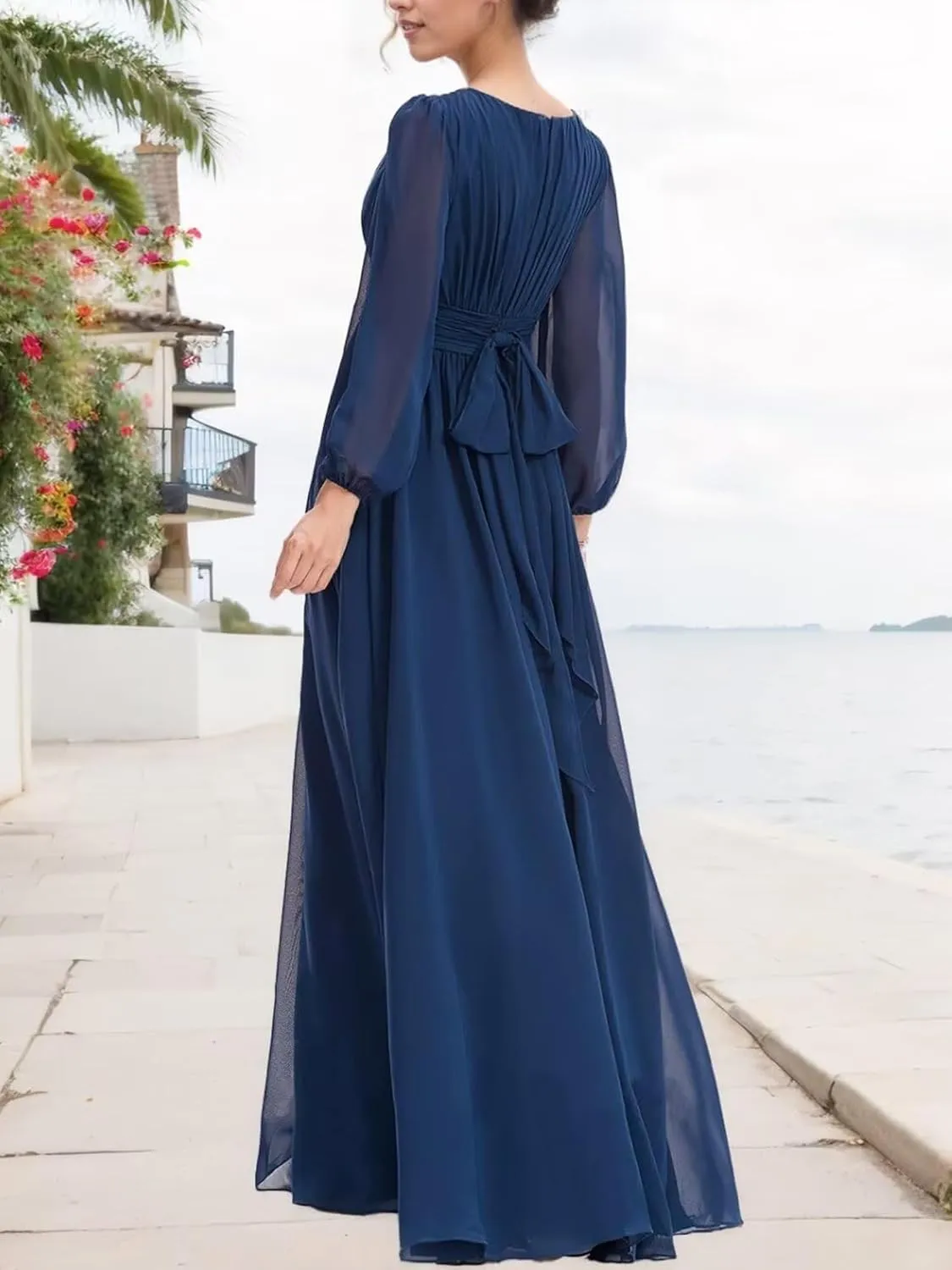 Women's Mother of The Bride Dresses 2025 Round Neck Long Sleeves Chiffon Wedding Guest Dress Pleated Long Evening Gowns