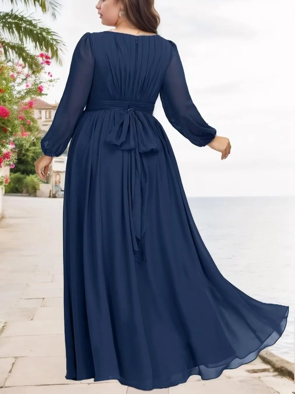 Women's Mother of The Bride Dresses 2025 Round Neck Long Sleeves Chiffon Wedding Guest Dress Pleated Long Evening Gowns