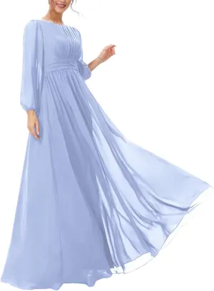 Women's Mother of The Bride Dresses 2025 Round Neck Long Sleeves Chiffon Wedding Guest Dress Pleated Long Evening Gowns