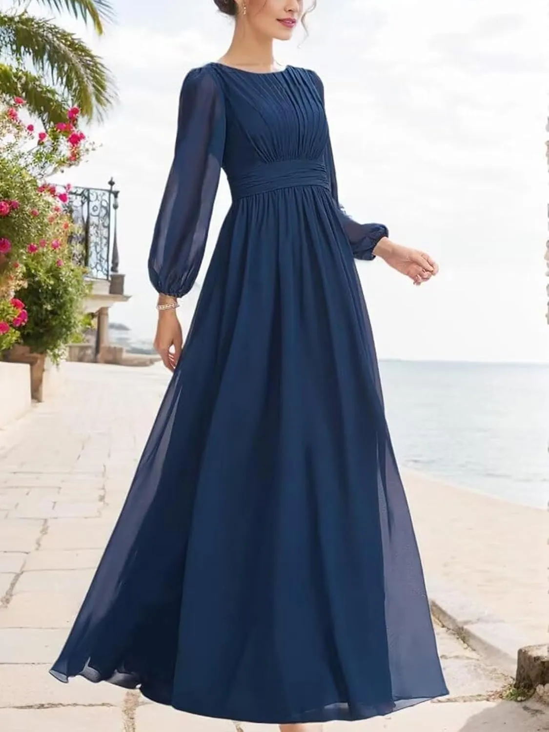 Women's Mother of The Bride Dresses 2025 Round Neck Long Sleeves Chiffon Wedding Guest Dress Pleated Long Evening Gowns