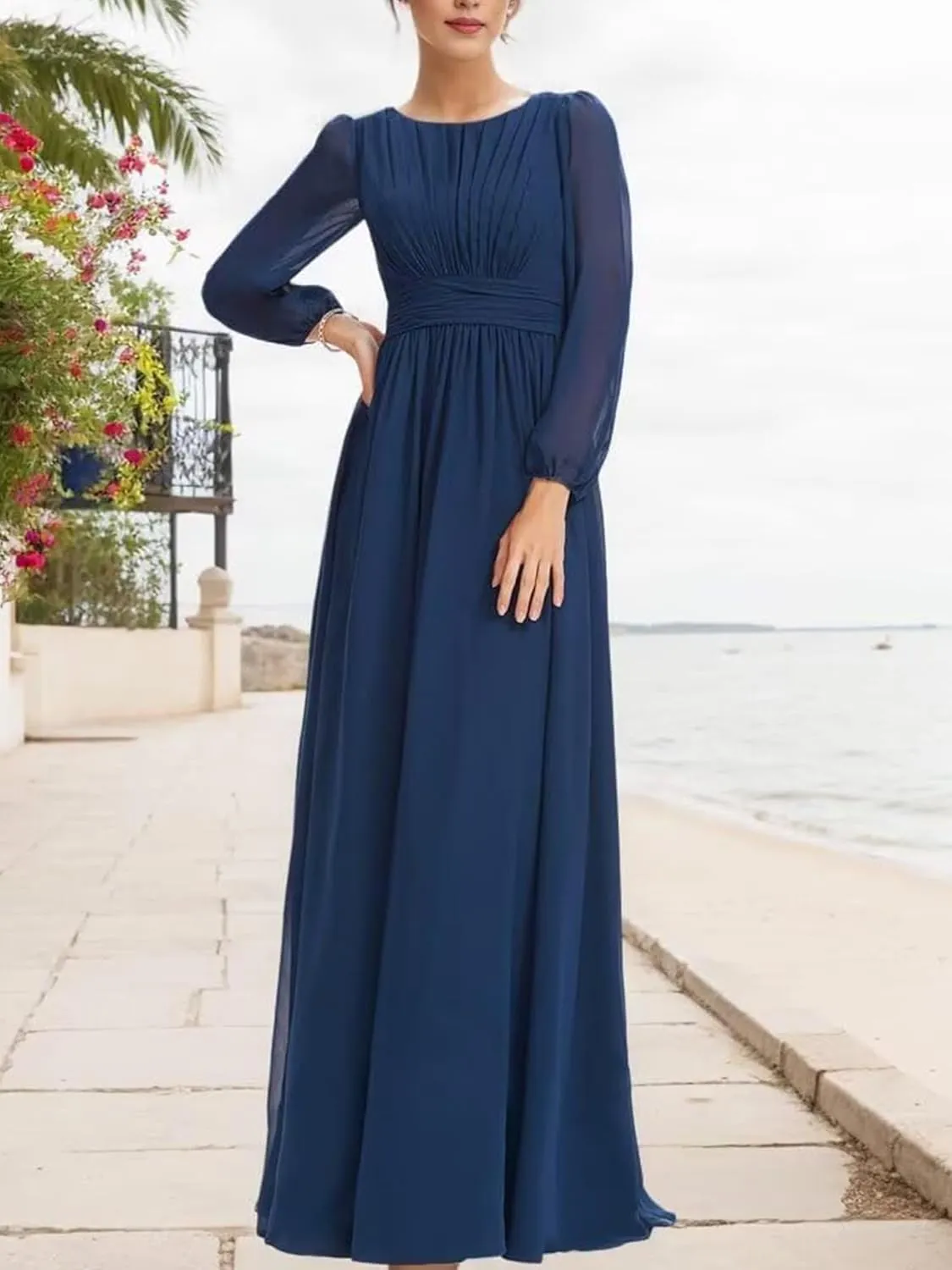 Women's Mother of The Bride Dresses 2025 Round Neck Long Sleeves Chiffon Wedding Guest Dress Pleated Long Evening Gowns