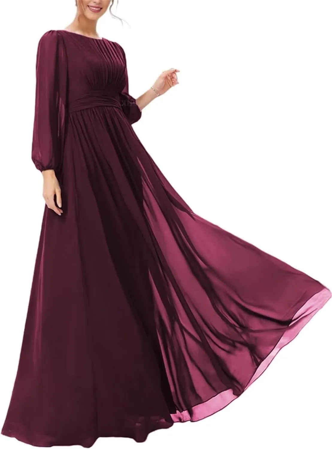 Women's Mother of The Bride Dresses 2025 Round Neck Long Sleeves Chiffon Wedding Guest Dress Pleated Long Evening Gowns