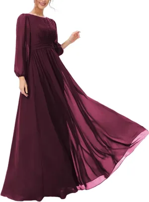 Women's Mother of The Bride Dresses 2025 Round Neck Long Sleeves Chiffon Wedding Guest Dress Pleated Long Evening Gowns
