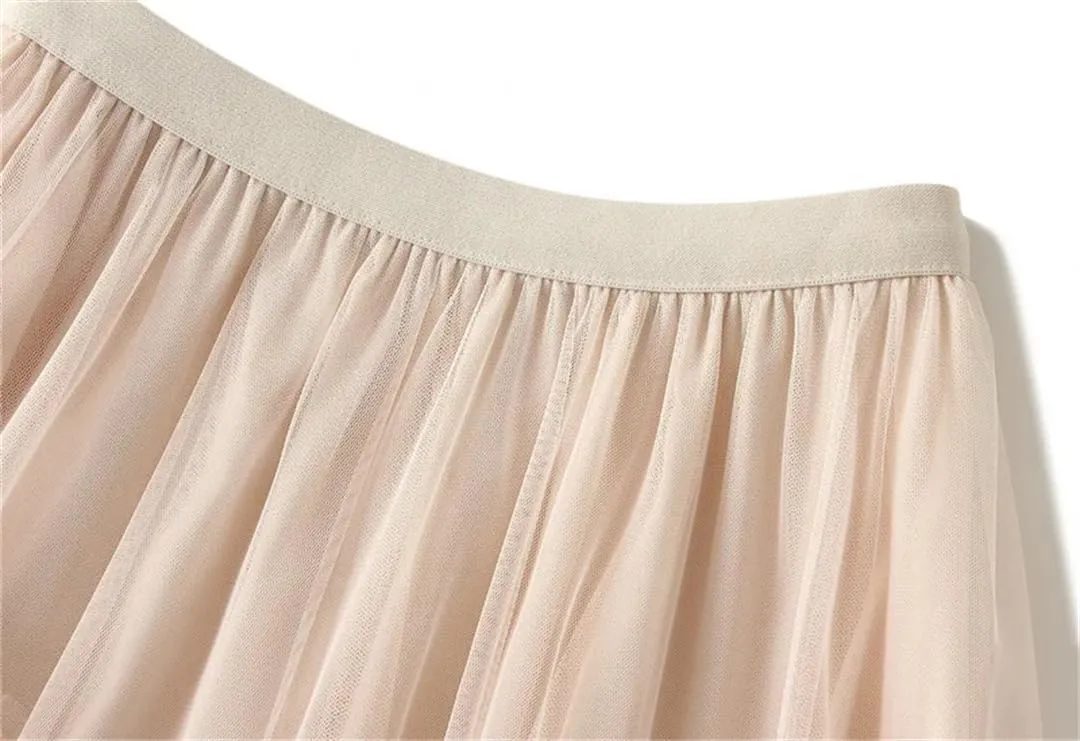 Women's Multi-Layer Mesh Skirt Chiffon Stretch High Waist A-Line Solid Pleated Midi Skirts