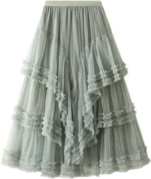 Women's Multi-Layer Mesh Skirt Chiffon Stretch High Waist A-Line Solid Pleated Midi Skirts