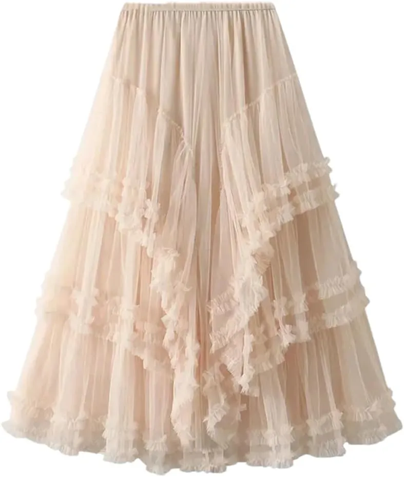 Women's Multi-Layer Mesh Skirt Chiffon Stretch High Waist A-Line Solid Pleated Midi Skirts