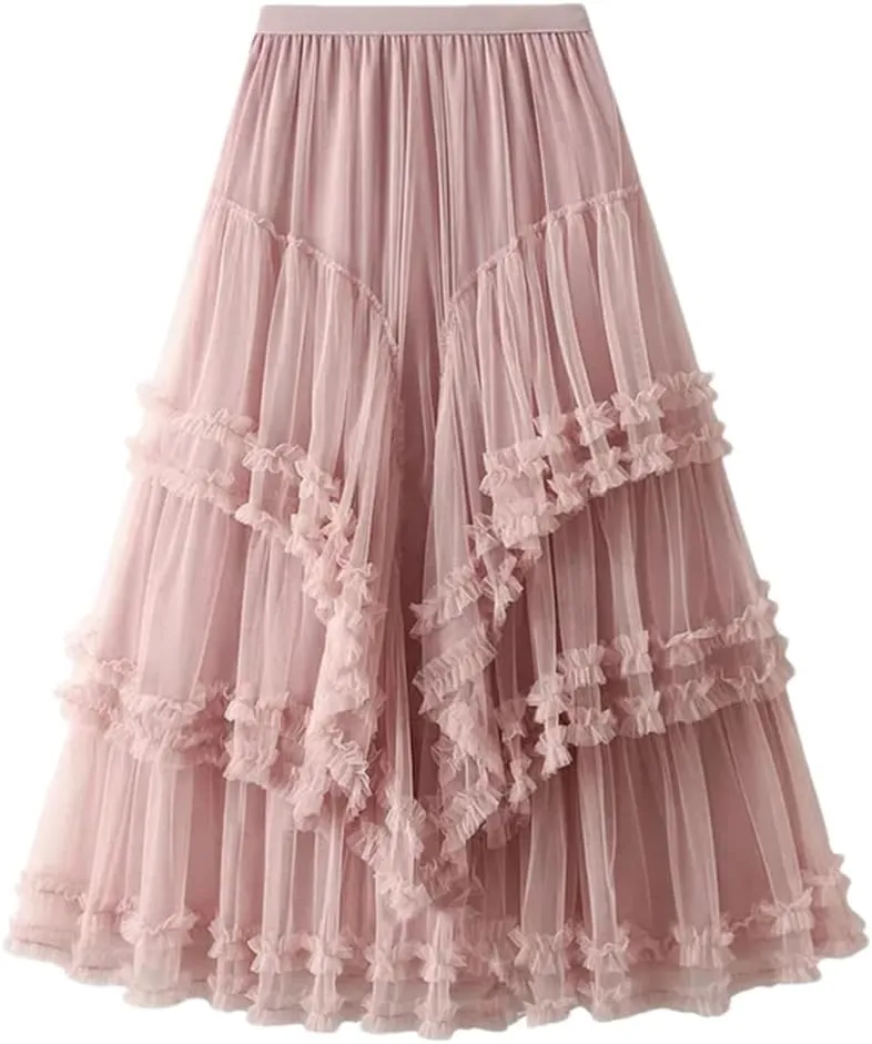 Women's Multi-Layer Mesh Skirt Chiffon Stretch High Waist A-Line Solid Pleated Midi Skirts