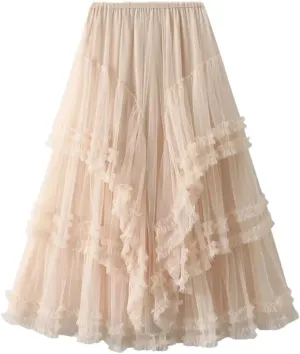 Women's Multi-Layer Mesh Skirt Chiffon Stretch High Waist A-Line Solid Pleated Midi Skirts