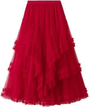 Women's Multi-Layer Mesh Skirt Chiffon Stretch High Waist A-Line Solid Pleated Midi Skirts