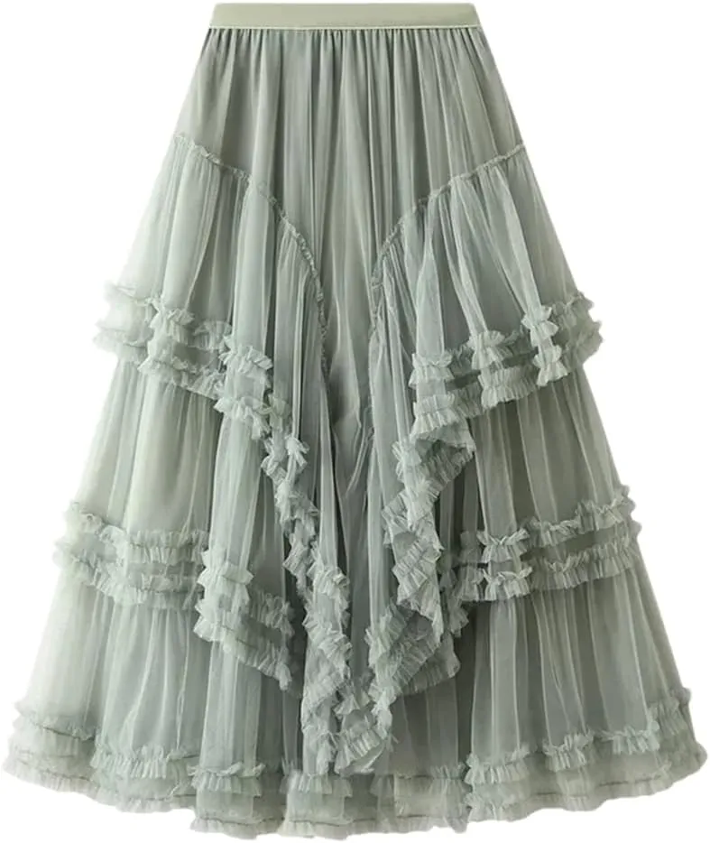 Women's Multi-Layer Mesh Skirt Chiffon Stretch High Waist A-Line Solid Pleated Midi Skirts