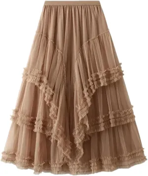Women's Multi-Layer Mesh Skirt Chiffon Stretch High Waist A-Line Solid Pleated Midi Skirts