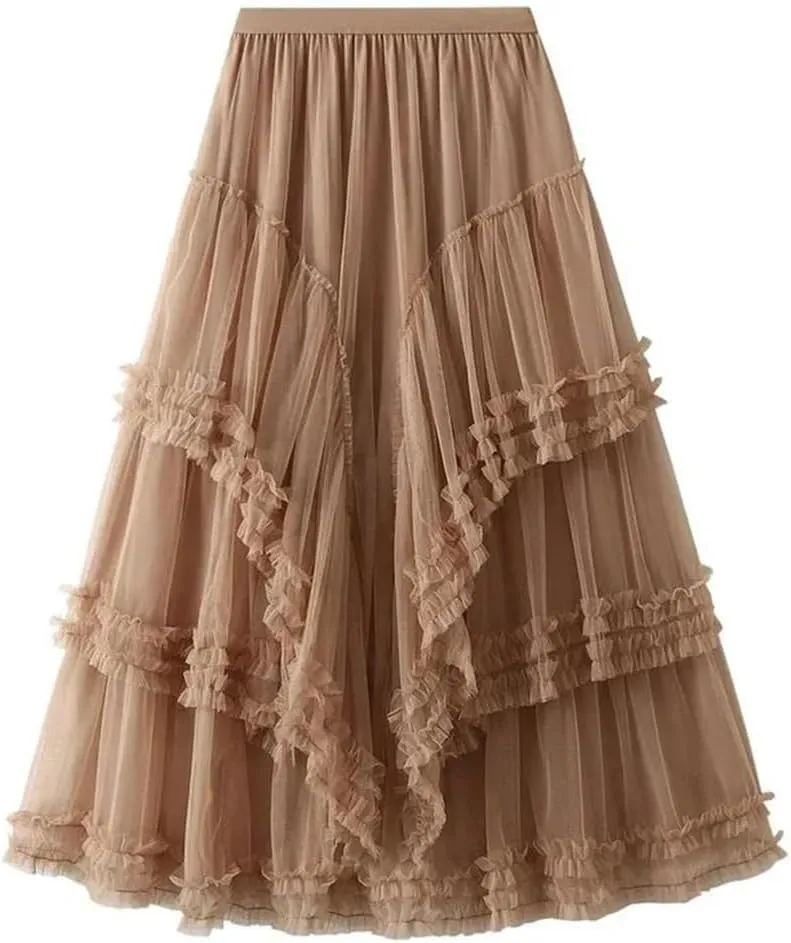 Women's Multi-Layer Mesh Skirt Chiffon Stretch High Waist A-Line Solid Pleated Midi Skirts