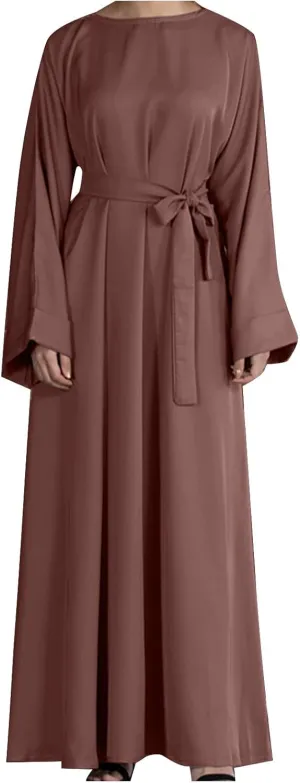 Women's Muslim Dresses Plus Size High Neck Pleated Tie Waist Clothes Long Robe Abaya Turkish Islamic Dubai Maxi Dress