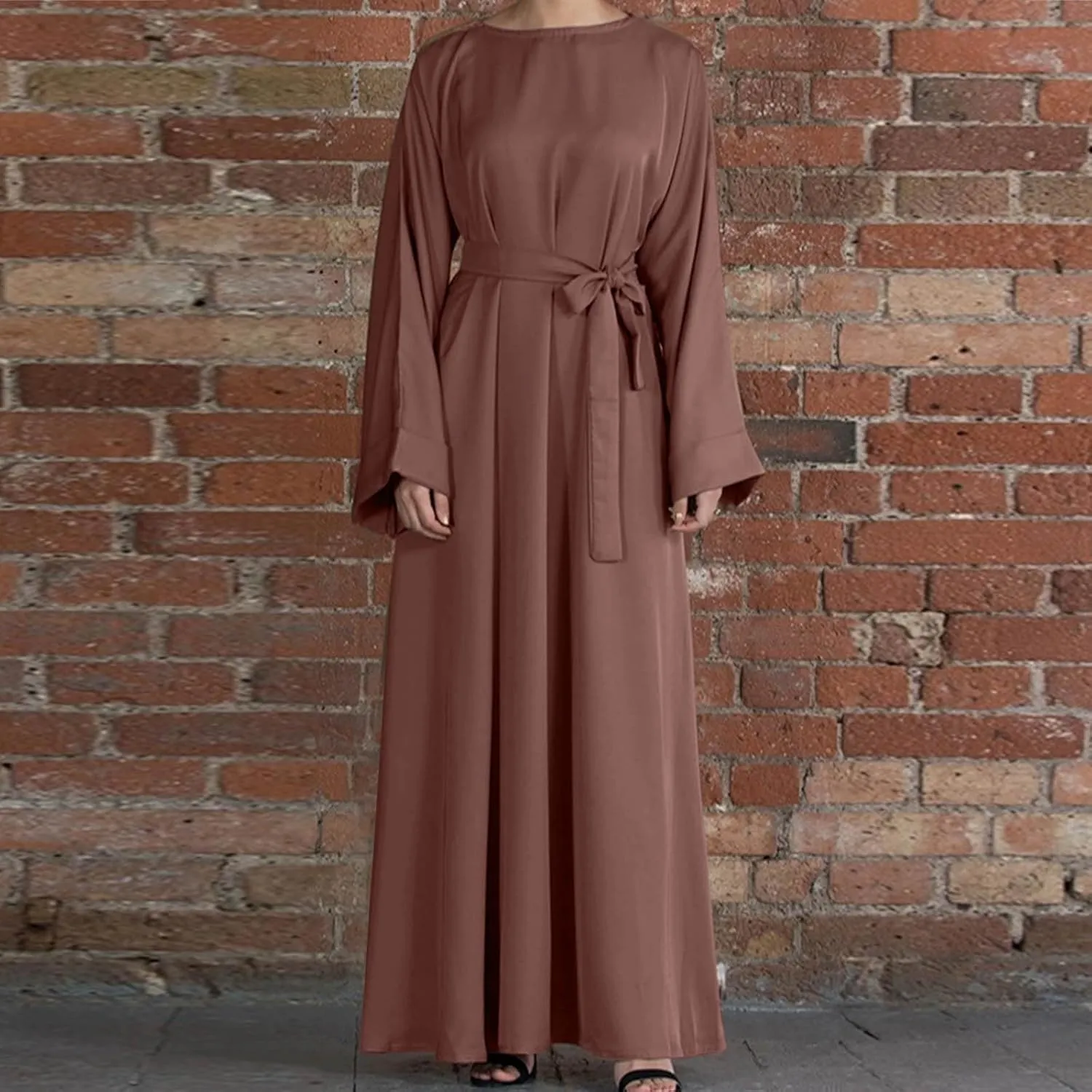 Women's Muslim Dresses Plus Size High Neck Pleated Tie Waist Clothes Long Robe Abaya Turkish Islamic Dubai Maxi Dress