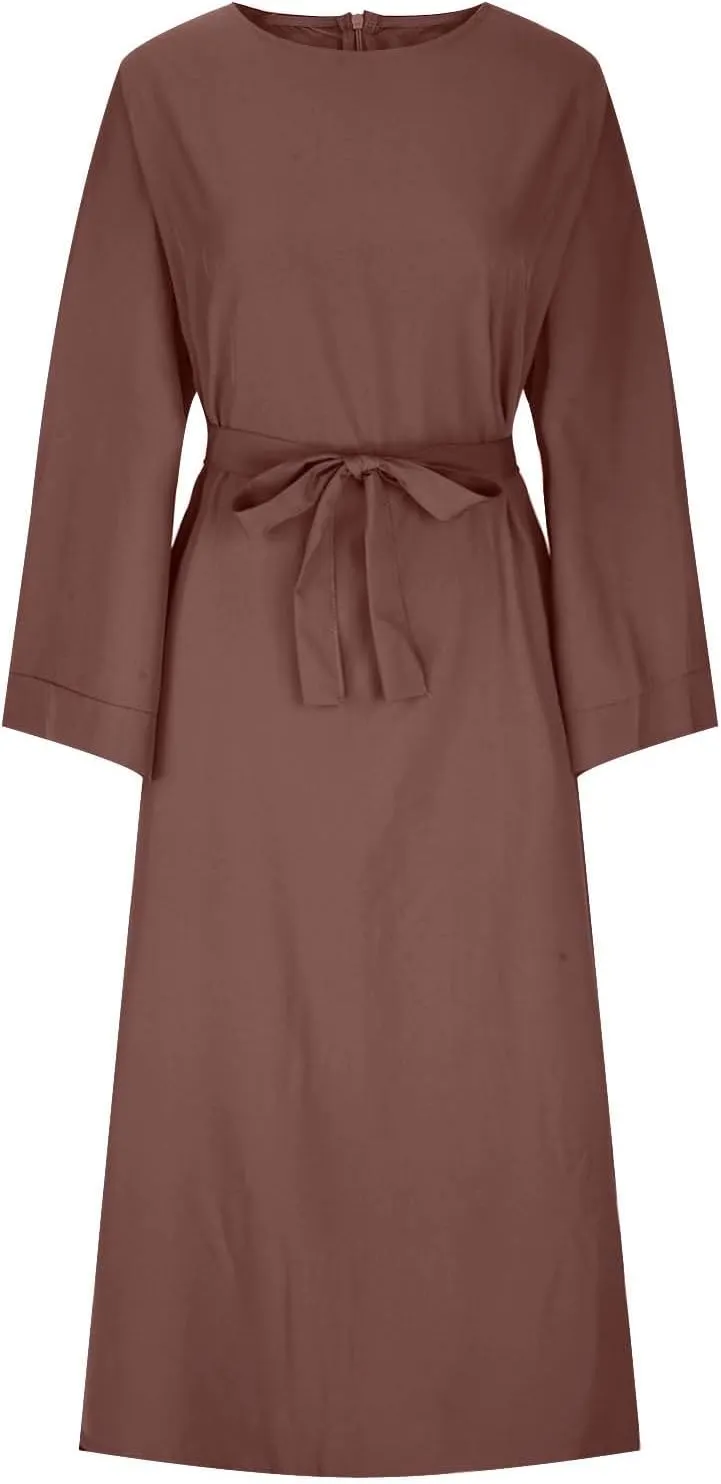 Women's Muslim Dresses Plus Size High Neck Pleated Tie Waist Clothes Long Robe Abaya Turkish Islamic Dubai Maxi Dress