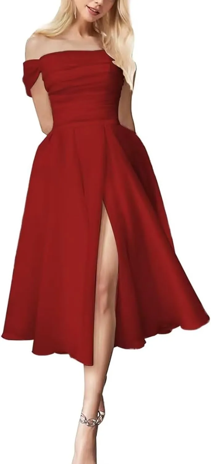 Women's Off The Shoulder Tea Length Wedding Dresses for Bride Tulle A Line Midi Bridal Party Dress with Slit