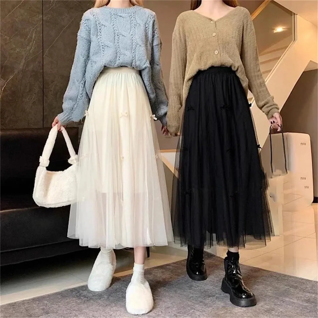 Women's Pleated Tulle Skirt Casual Stretch High Waist Solid Color Multi-Layer Midi Skirts