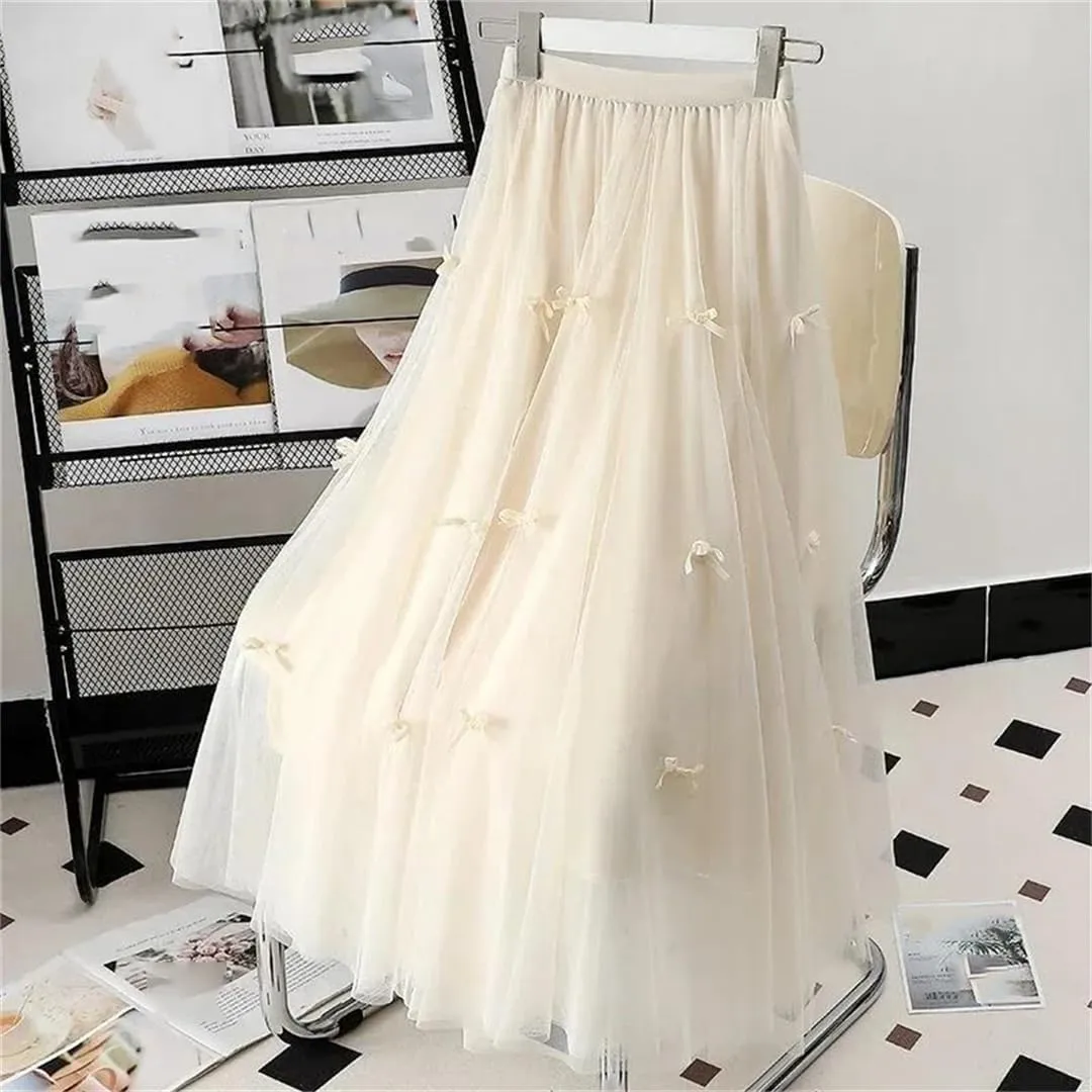 Women's Pleated Tulle Skirt Casual Stretch High Waist Solid Color Multi-Layer Midi Skirts