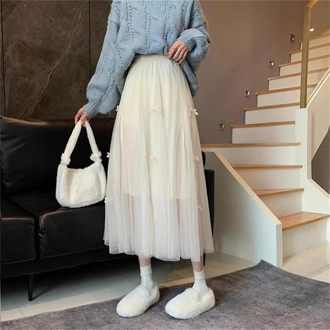 Women's Pleated Tulle Skirt Casual Stretch High Waist Solid Color Multi-Layer Midi Skirts