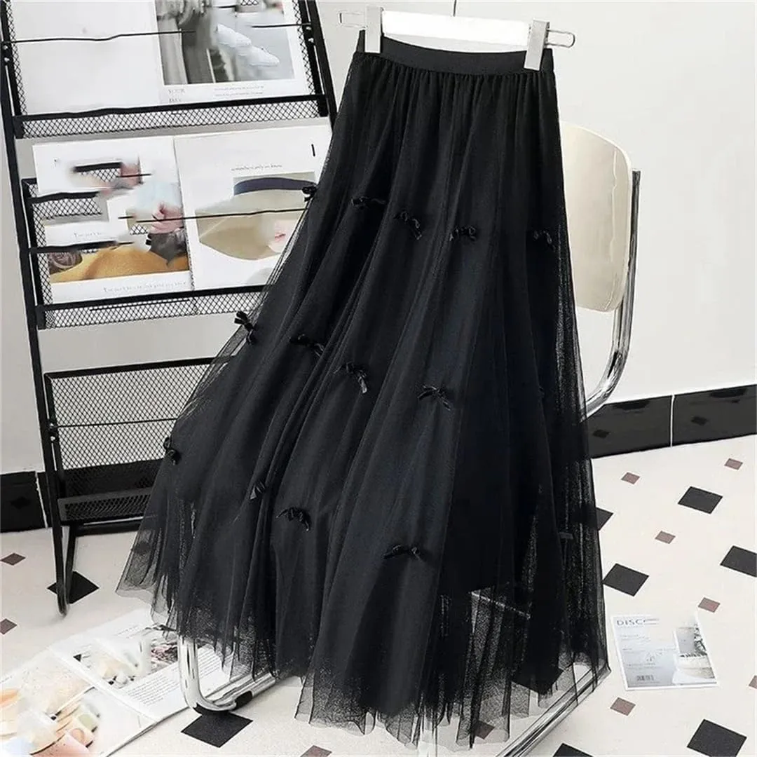 Women's Pleated Tulle Skirt Casual Stretch High Waist Solid Color Multi-Layer Midi Skirts