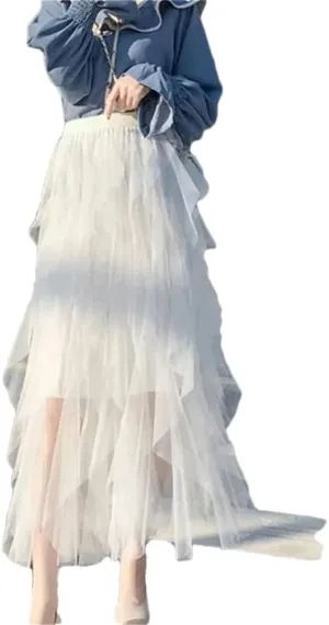 Women's Pleated Tulle Skirt Stretch High Waist A-Line Casual Mesh Solid Midi Skirts