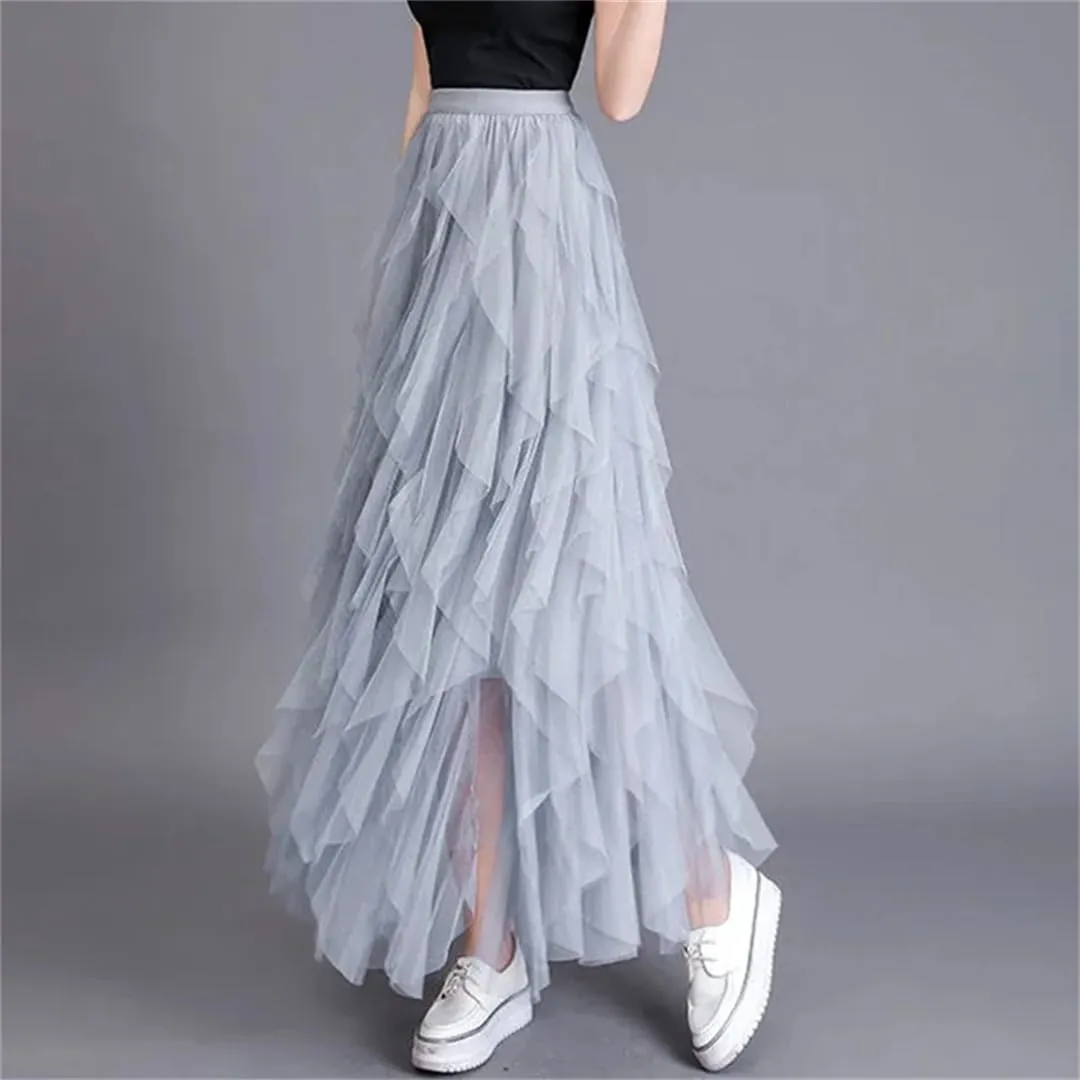 Women's Pleated Tulle Skirt Stretch High Waist A-Line Casual Mesh Solid Midi Skirts