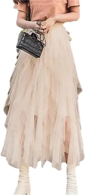 Women's Pleated Tulle Skirt Stretch High Waist A-Line Casual Mesh Solid Midi Skirts