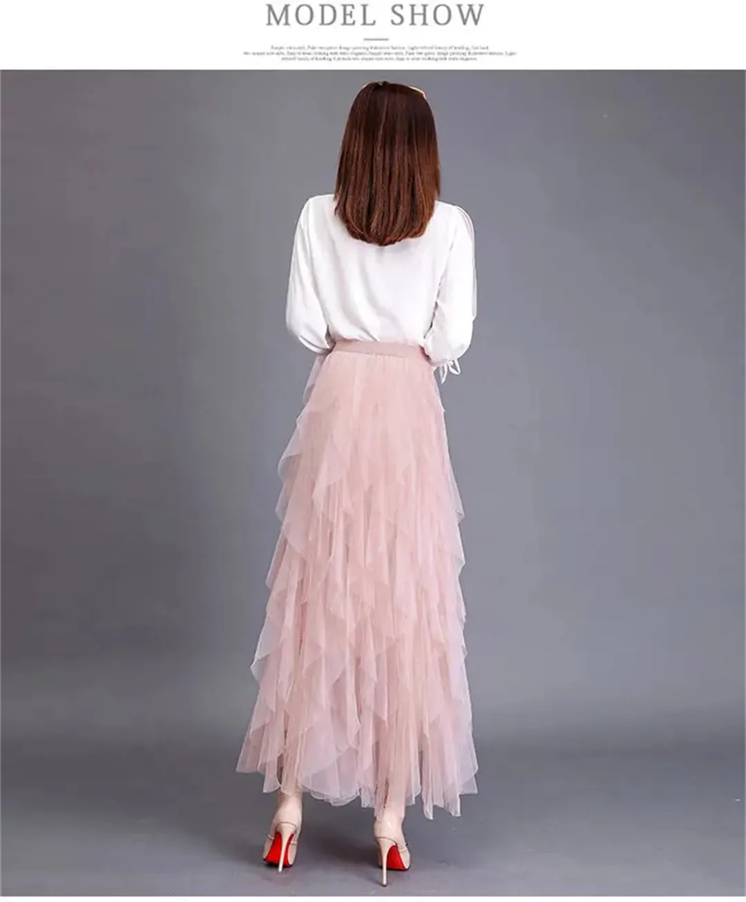 Women's Pleated Tulle Skirt Stretch High Waist A-Line Casual Mesh Solid Midi Skirts