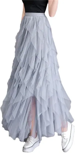 Women's Pleated Tulle Skirt Stretch High Waist A-Line Casual Mesh Solid Midi Skirts